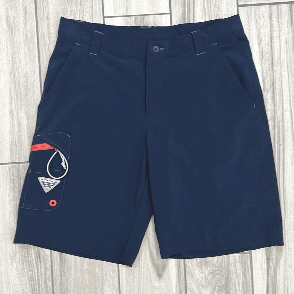 Columbia PFG Fishing Shorts Mens 32 Navy Blue Excellent Omni-Shield Cargo 10in